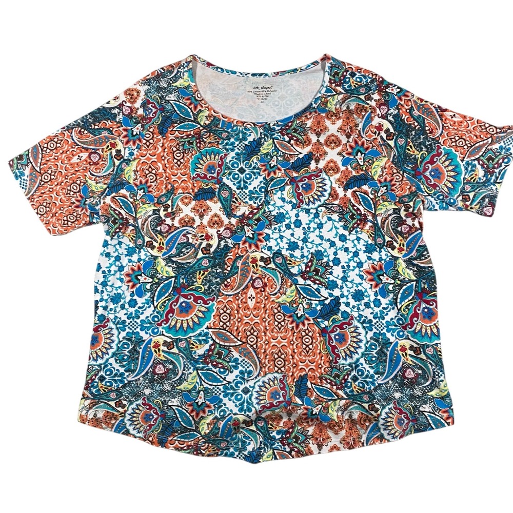 Vicki Wayne T-Shirt Womens 2X Multicolor‎ Paisley Floral Patchwork Short Sleeve